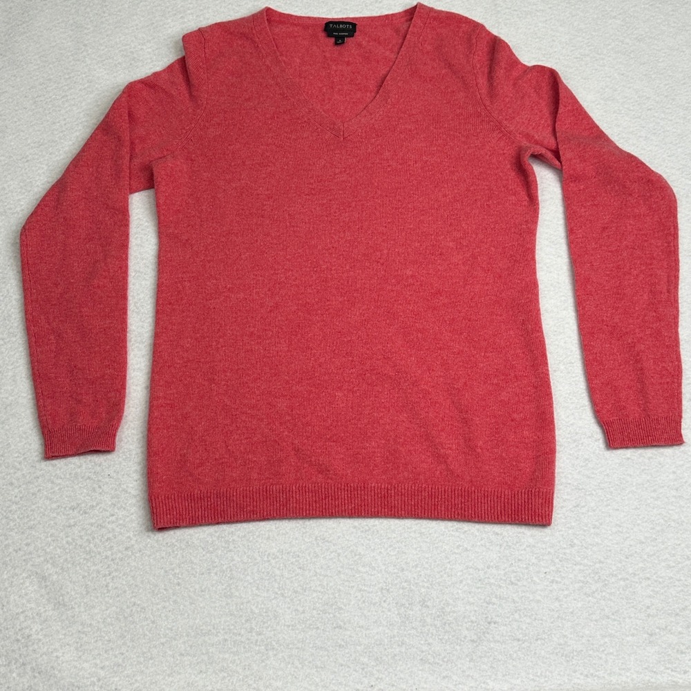 Talbots Cashmere Sweater Womens S V-Neck Coral Red Pure Knit Classic Chic Preppy